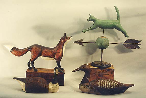 Fox, Cat Weathervane, Canada Goose, and Loon